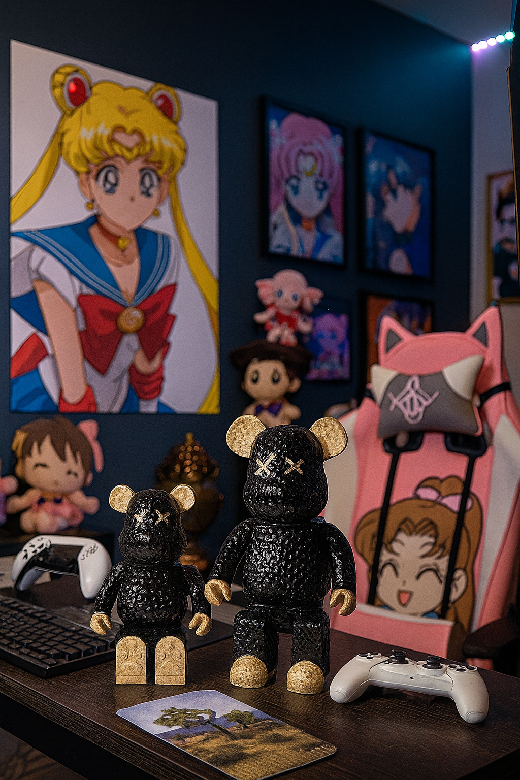 Two black bear figurines with gold accents on a desk in a room with anime posters and plush toys.