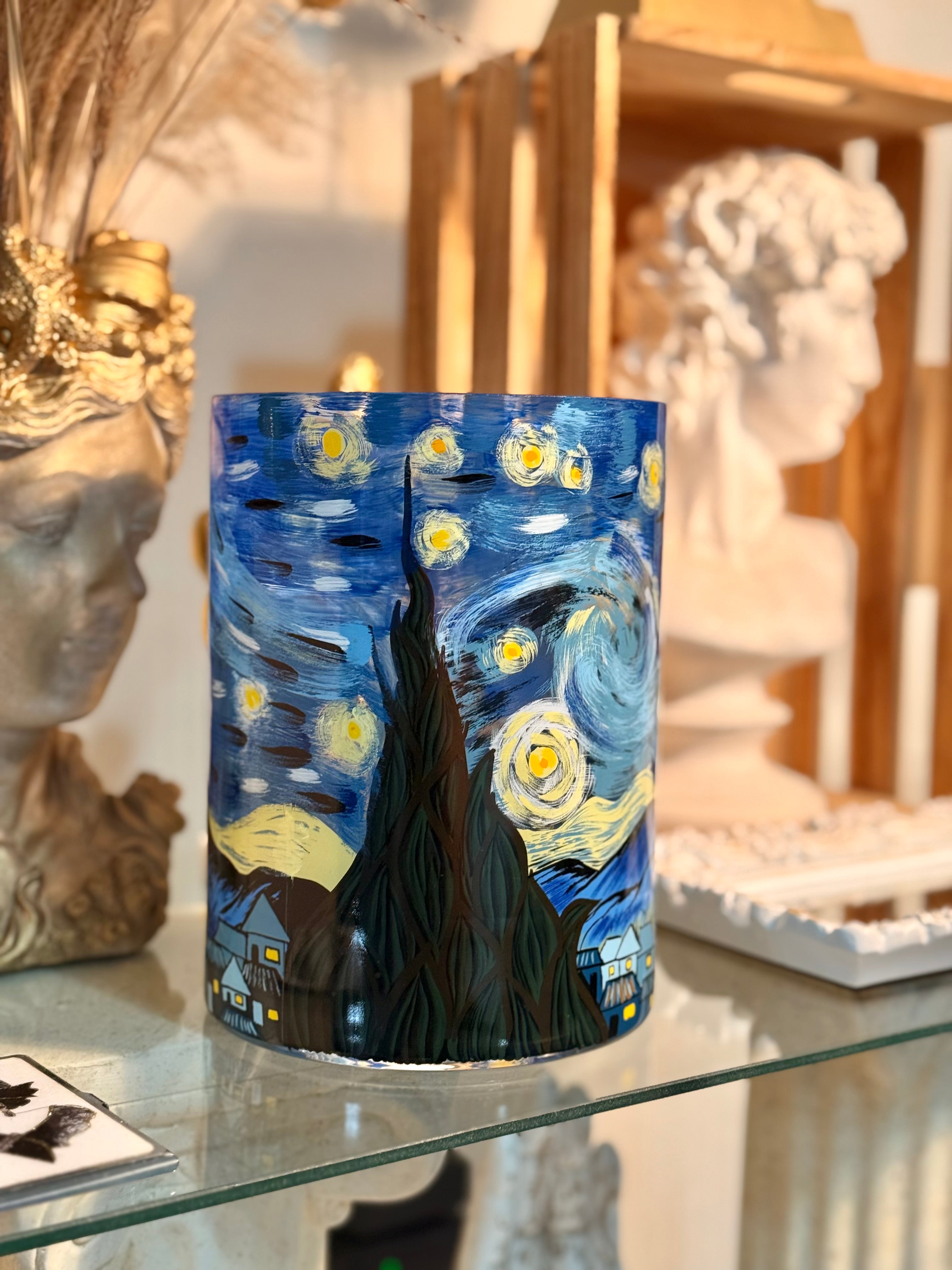 Vase with Starry Night design on a glass.