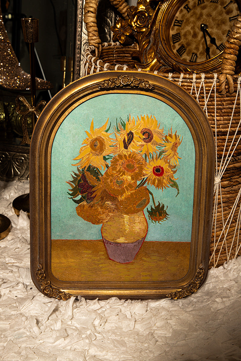 Framed sunflower oil painting in antique gold tone frame, Van Gogh inspired art for vintage interiors.