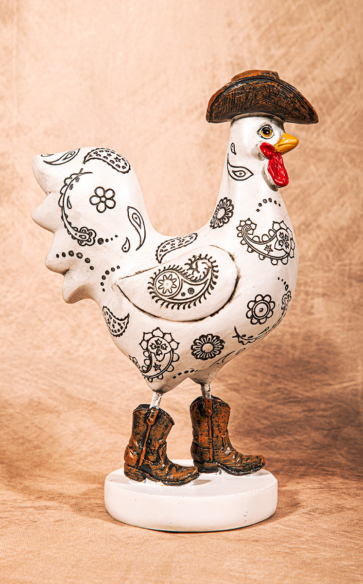 Rustic Western paisley rooster statue with cowboy boots, perfect for farmhouse kitchen or country home décor.