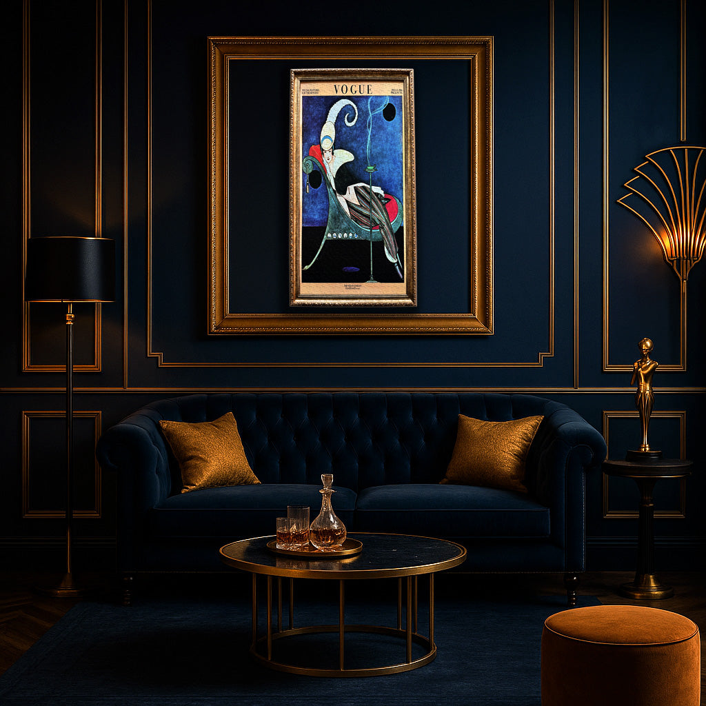 Luxurious living room with dark blue walls, a blue sofa, and a framed Vogue artwork.