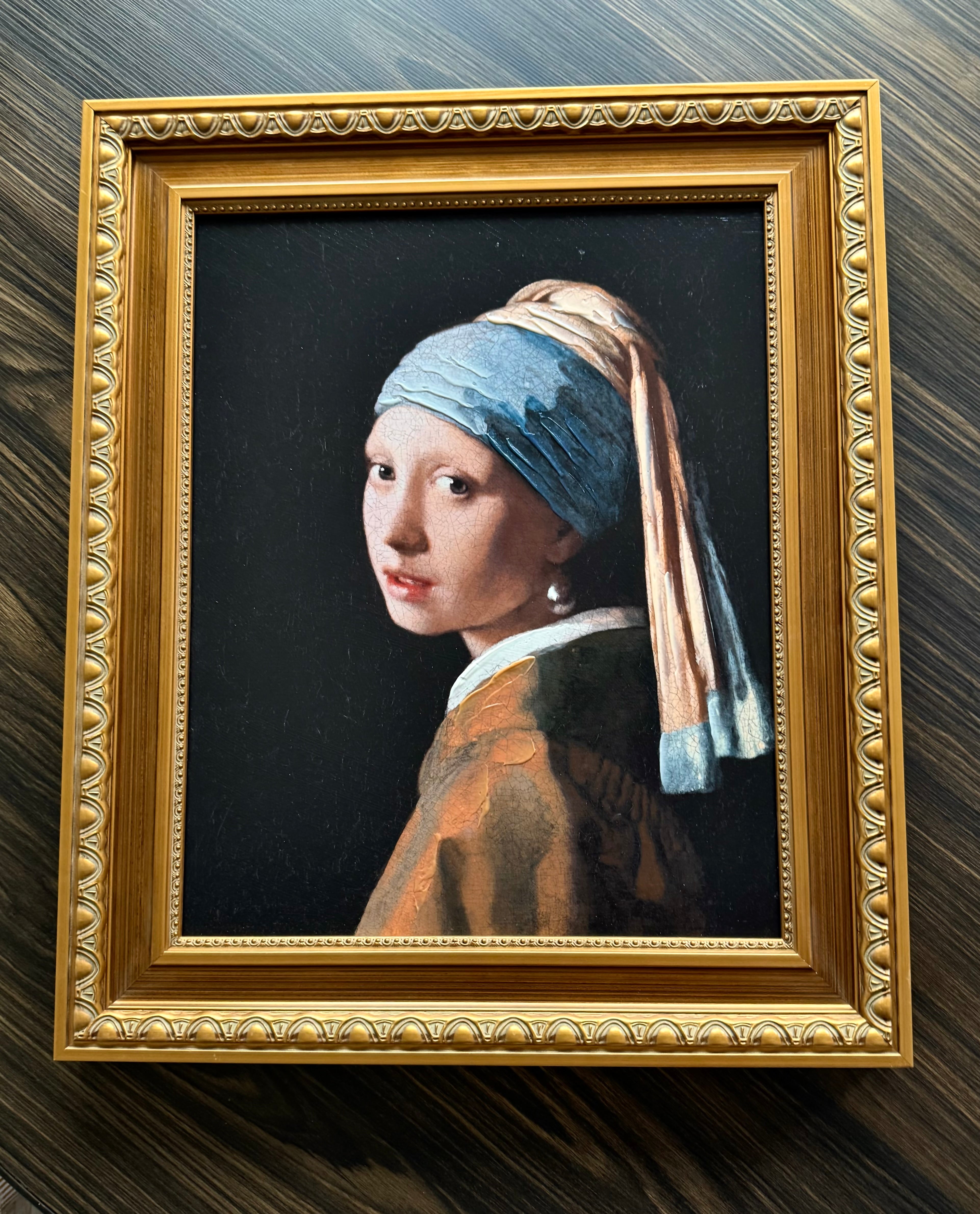 Girl with a Pearl Earring framed hand-painted canvas with raised texture in ornate baroque gold wood frame wall art.