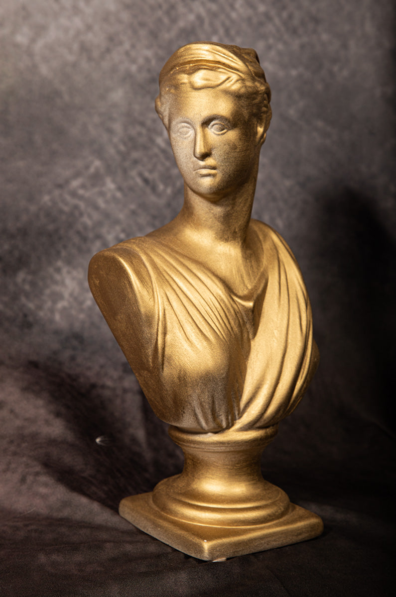 Antique gold Artemis bust vase inspired by Greek goddess sculpture, ideal for classic home décor styling or shelf display.