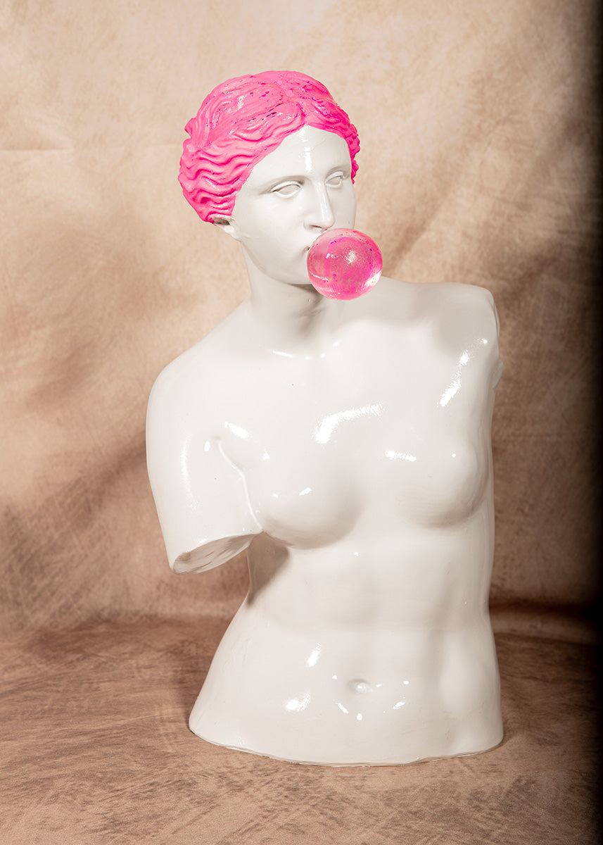 Venus pop art statue with pink hair and bubblegum, modern Greek bust for creative decor.