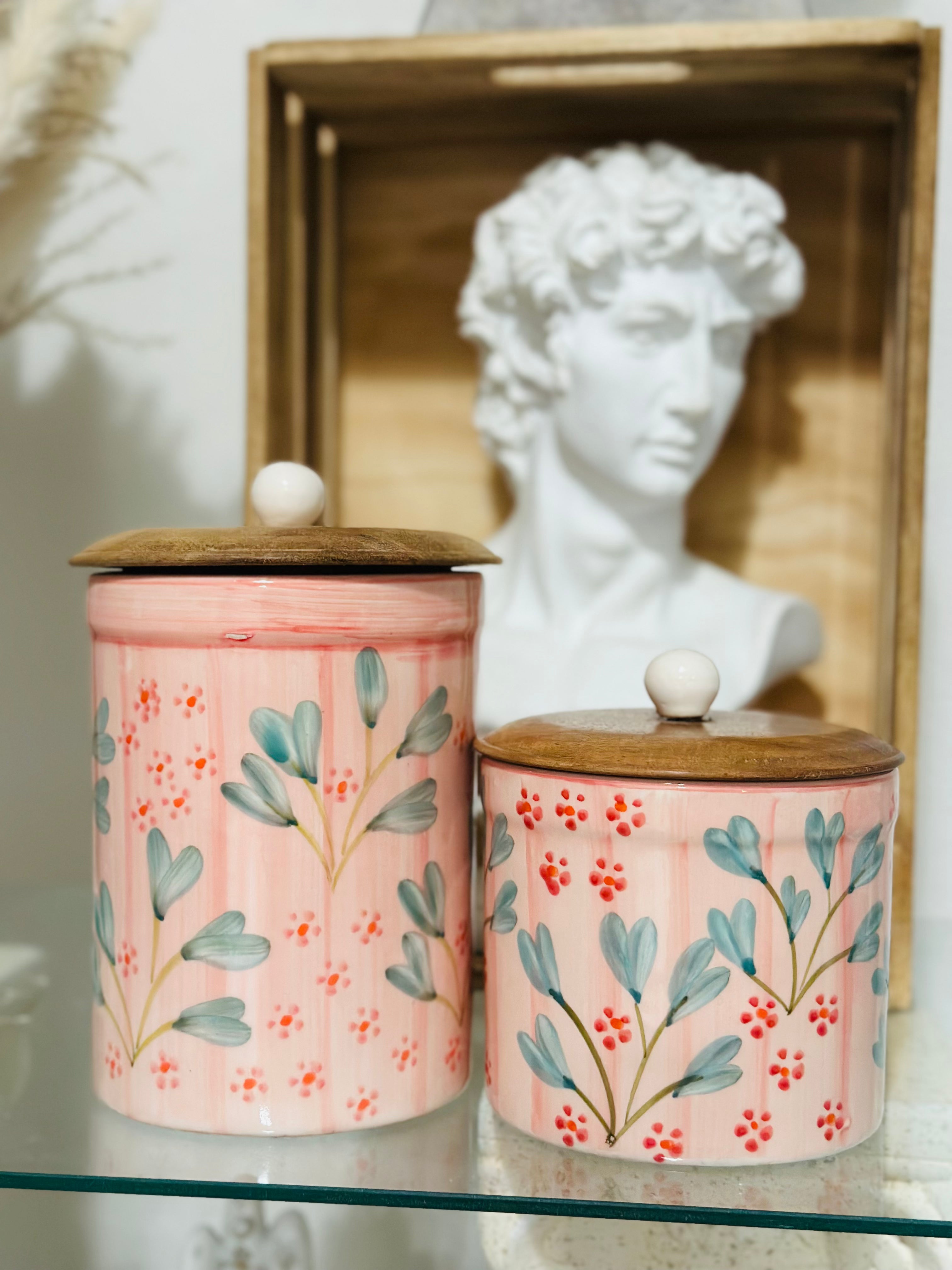 Set of two floral ceramic peony canisters with wooden lids, hand-painted kitchen decor.