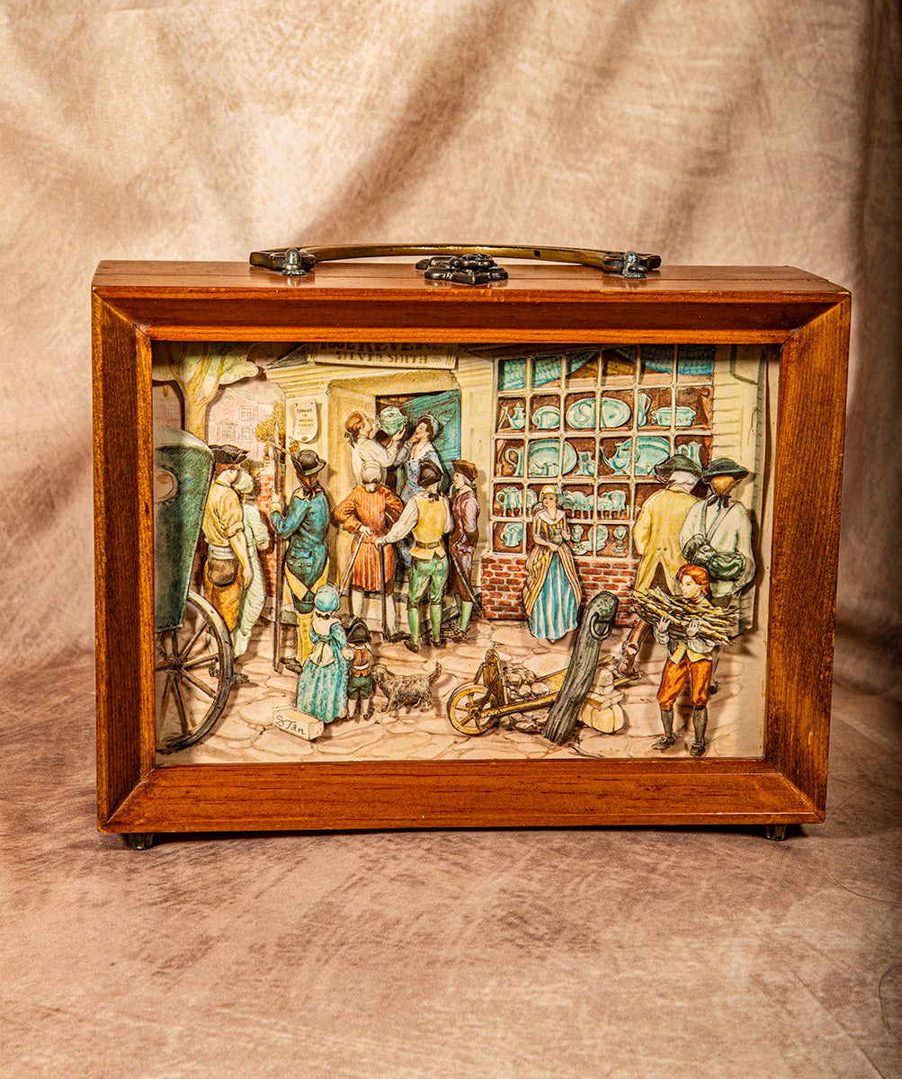 Handmade wood jewelry box with Paul Revere 3D art, vintage collectible vanity storage piece.
