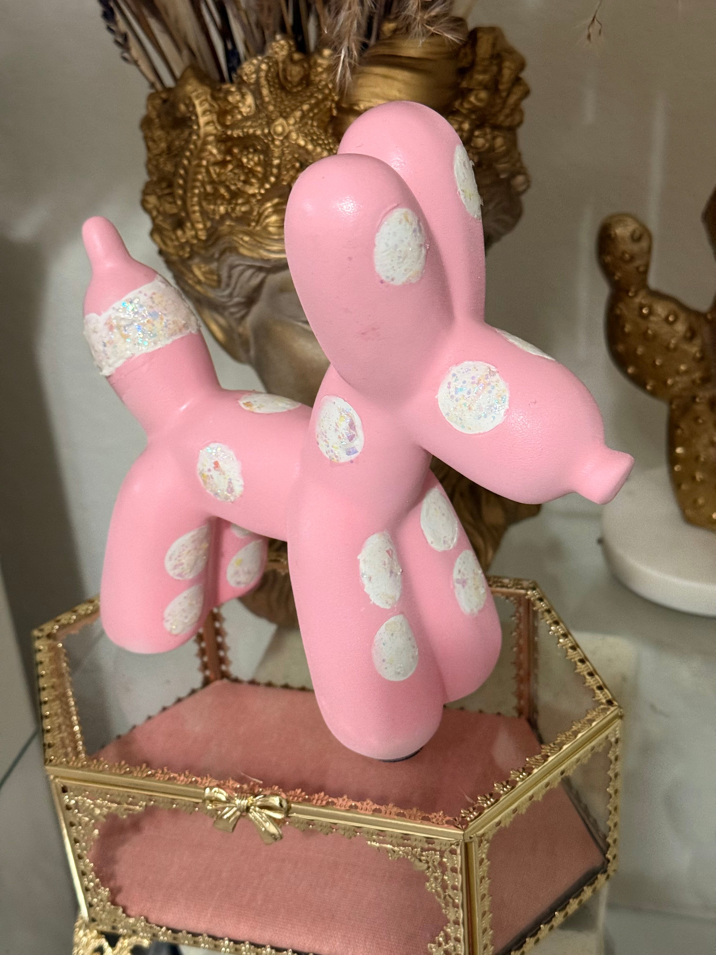 Pink polka dot balloon dog sculpture, whimsical pop art decor for living rooms, offices, or gift displays.