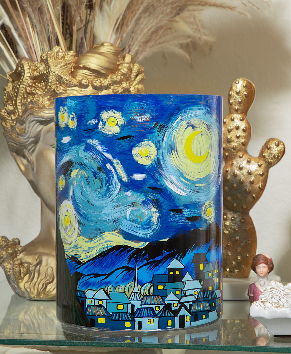 Hand-painted Van Gogh Starry Night inspired art glass vase with vivid blue tones and brushstroke texture.