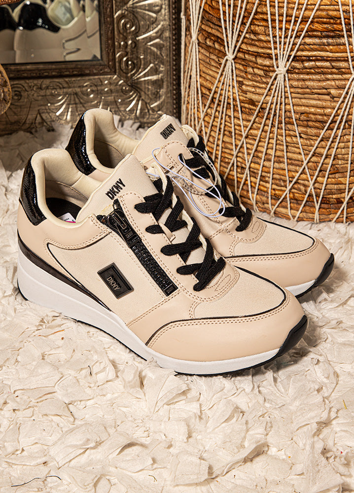Tan and black DKNY Kai wedge platform sneakers women’s retro athletic fashion casual footwear