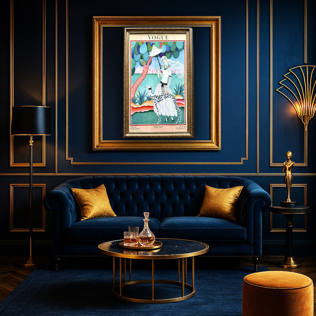 Luxurious living room with a blue sofa, gold accents, and a framed Vogue poster.