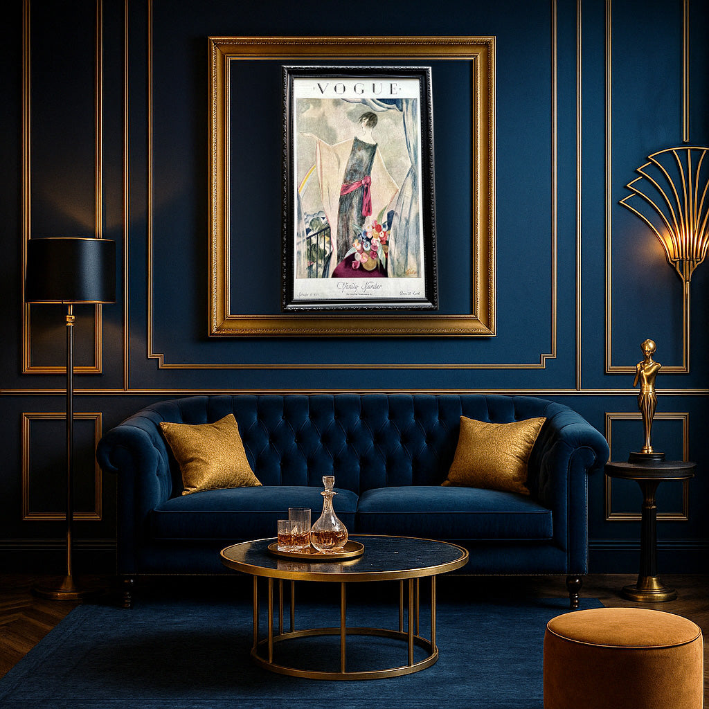 Luxurious living room with blue sofa, gold accents, and framed Vogue poster.