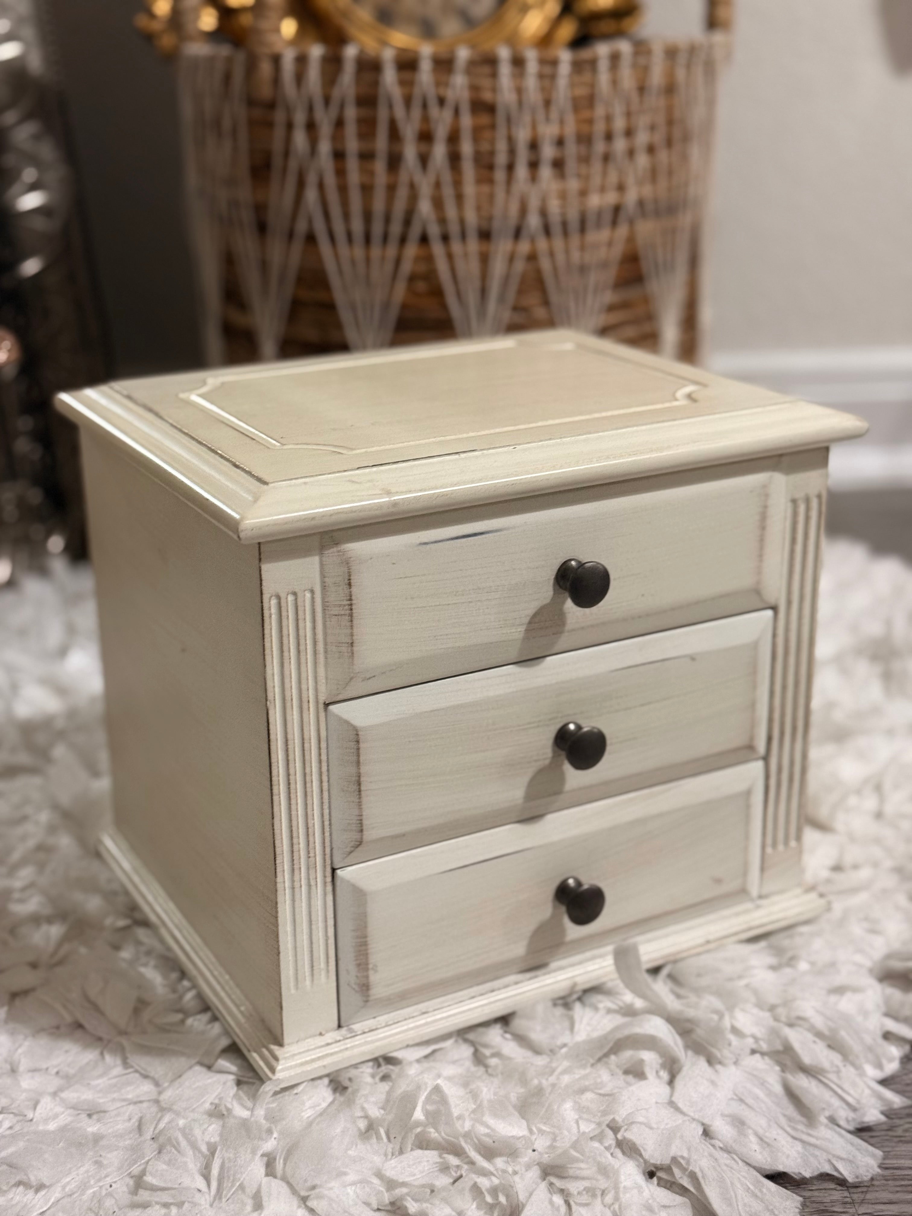Shabby chic wooden jewelry box with drawers, French country vintage storage chest.