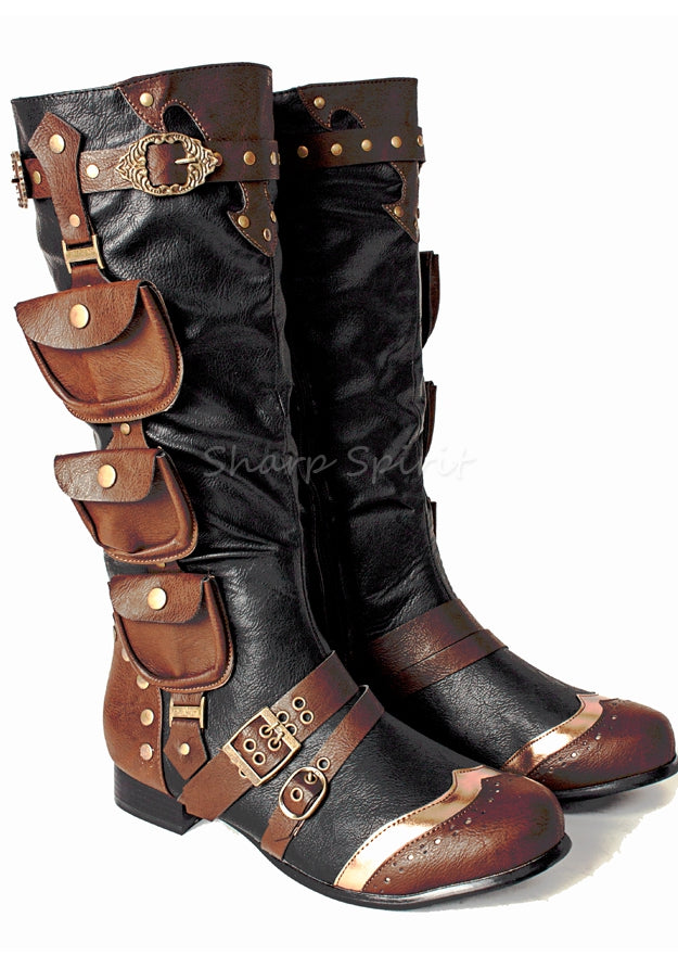 Brown steampunk cosplay boots with 3 pockets straps and brass detail perfect for western or adventure costumes