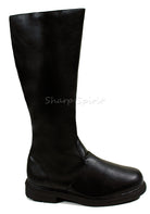 Black knee-high cosplay boots men’s superhero style in smooth faux leather for costume or stage use