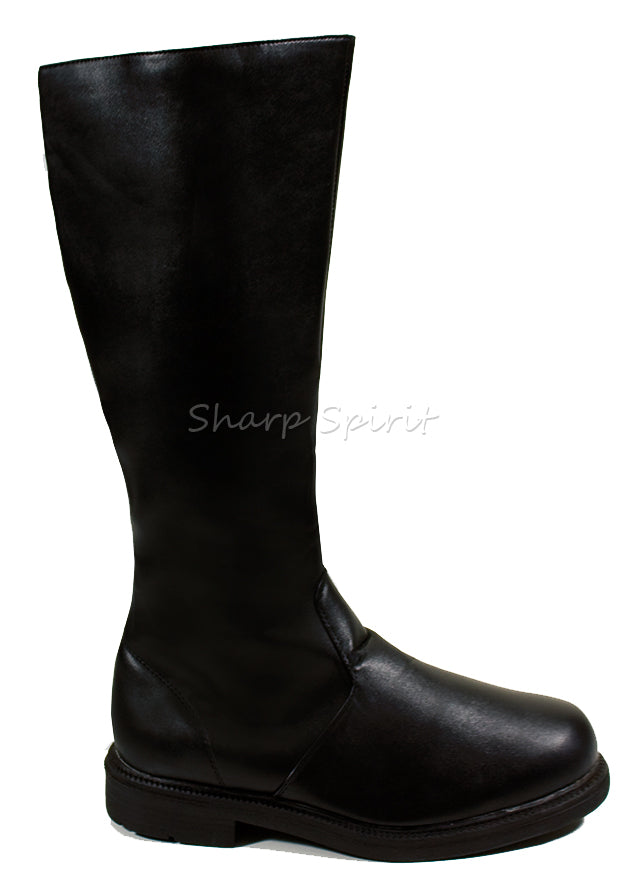 Black knee-high cosplay boots men’s superhero style in smooth faux leather for costume or stage use