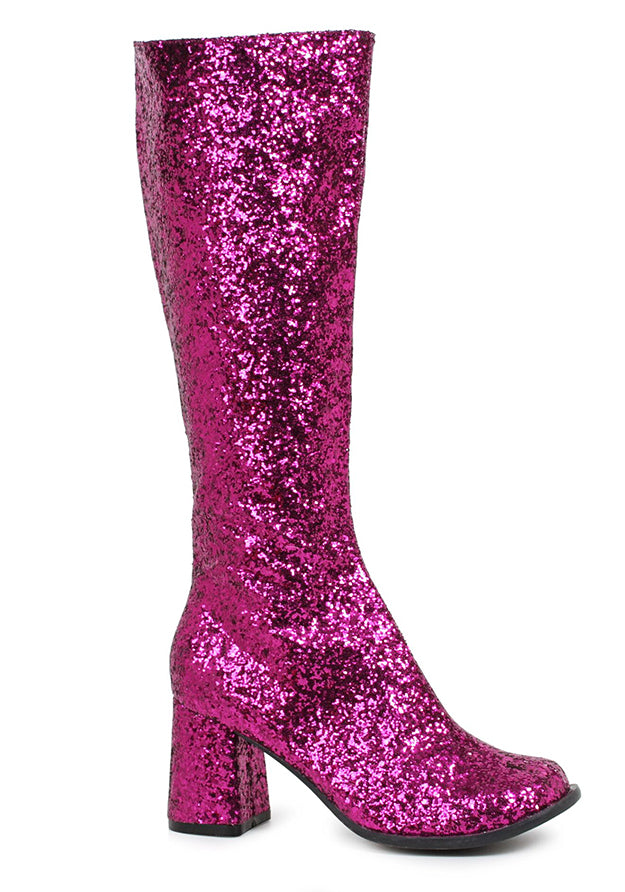 fuschia glitter gogo boots with zipper and chunky heel for disco costume or stage fashion