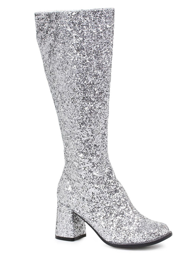 silver glitter go go boots with zipper and 3 inch heel for disco or space barbie costume