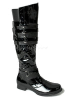 Black knee-high cosplay boots with Darth-Vader inspired straps and shiny finish for galactic warrior or villain costume