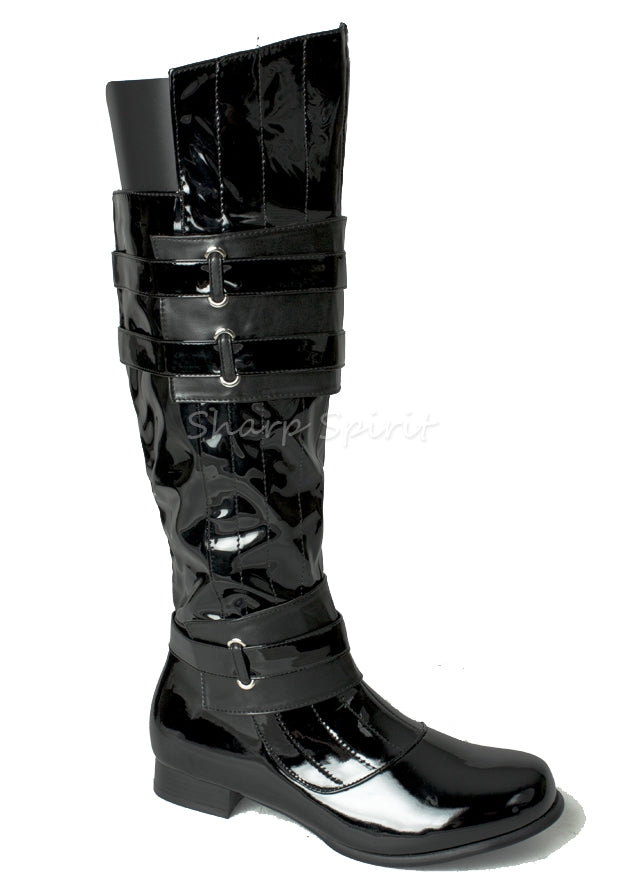 Black knee-high cosplay boots with Darth-Vader inspired straps and shiny finish for galactic warrior or villain costume