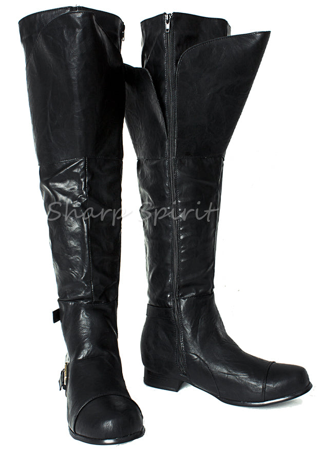 Black western cosplay boots tall design for cowboy, steampunk, or gunslinger costumes with rugged vintage look.