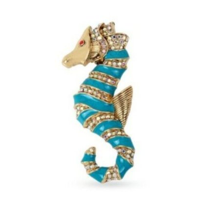 authentic betsey johnson seahorse brooch with aqua and gold crystals mermaid ocean jewelry