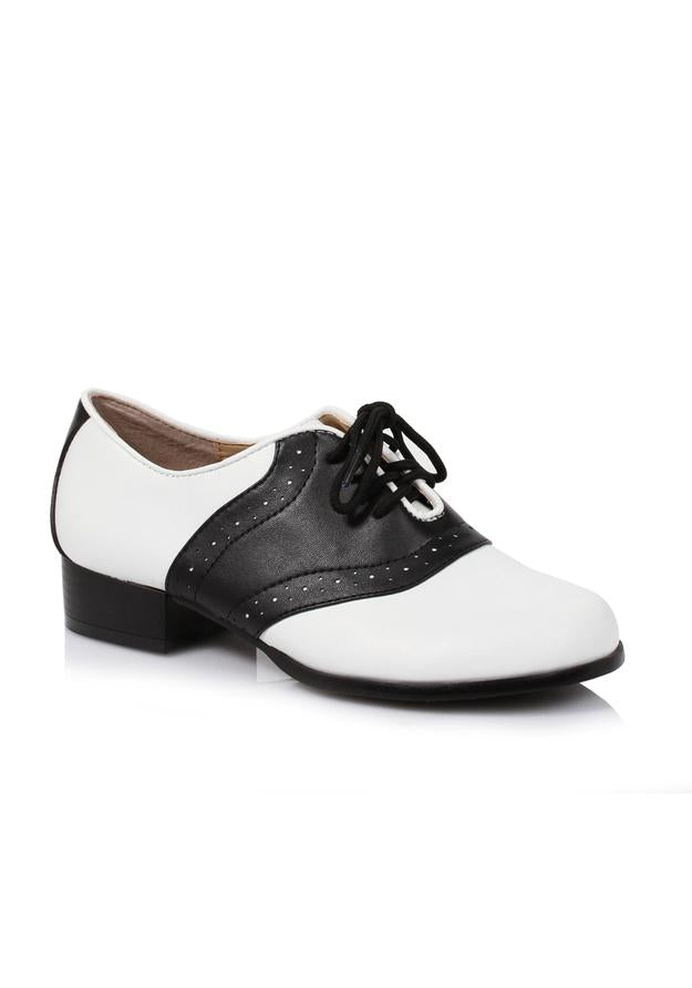 black and white saddle oxford shoes with 1 inch heel for retro or halloween costume