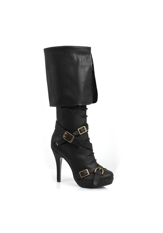 black knee boots with brass buckles and fold top for vampire or pirate costume