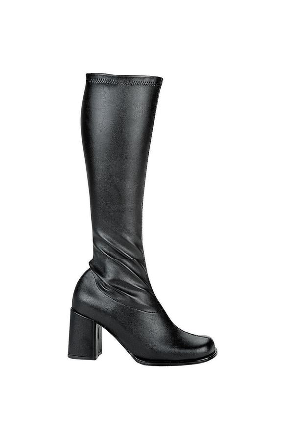 black faux leather gogo boots with zipper and 3 inch heel for retro mod or cosplay outfits