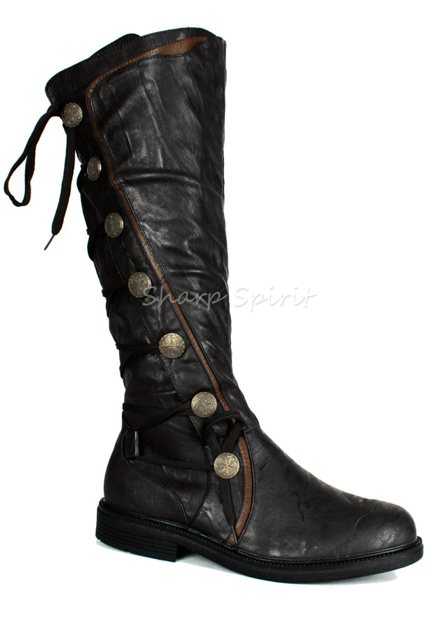 Black gothic military combat boots men’s cosplay style with brass buttons and dark steampunk warrior design