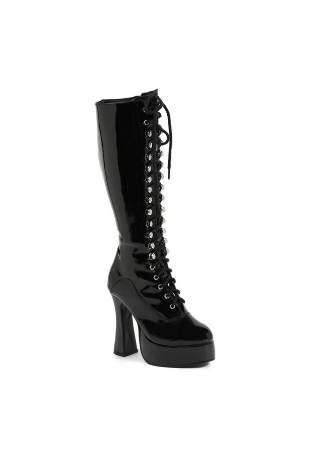 Black patent knee high boots with zipper 5 inch heel gothic retro women’s statement footwear