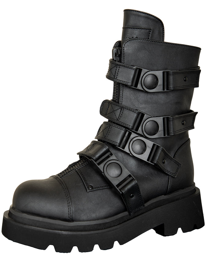 Black PU rave platform boots with buckle straps women’s industrial gothic streetwear fashion