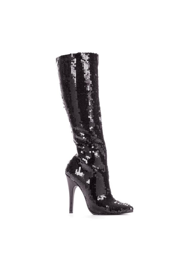 black sequin knee high boots with pointed toe and stiletto heel for stage or holiday glam looks