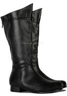 Black superhero cosplay boots men’s knee-high faux leather comic style perfect for costume or fantasy roleplay