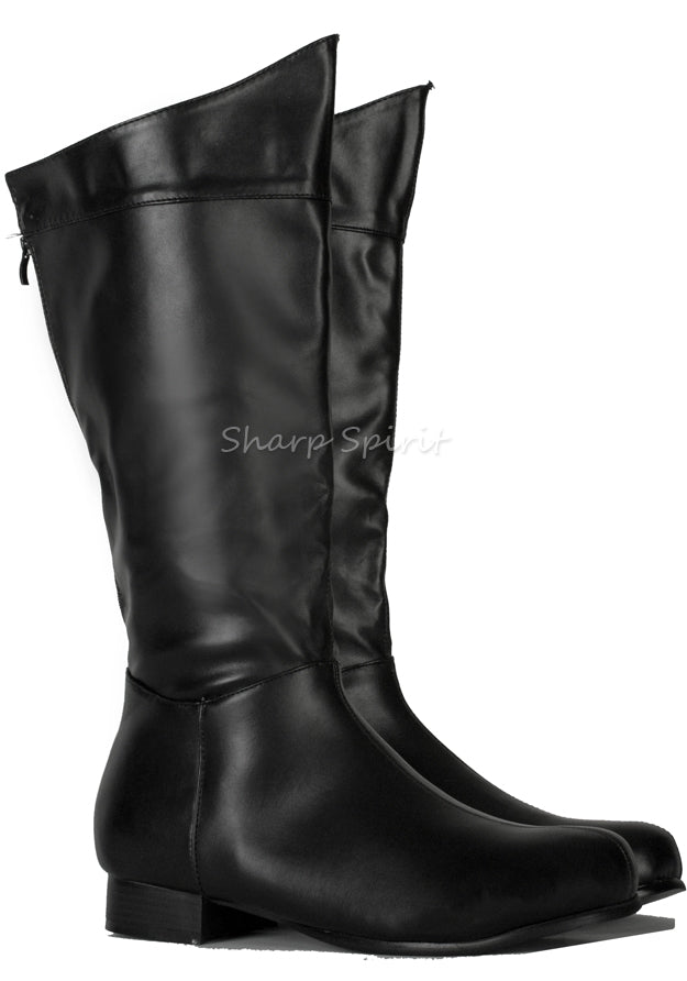 Black superhero cosplay boots men’s knee-high faux leather comic style perfect for costume or fantasy roleplay