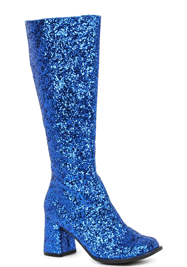 blue glitter gogo boots with side zipper and block heel