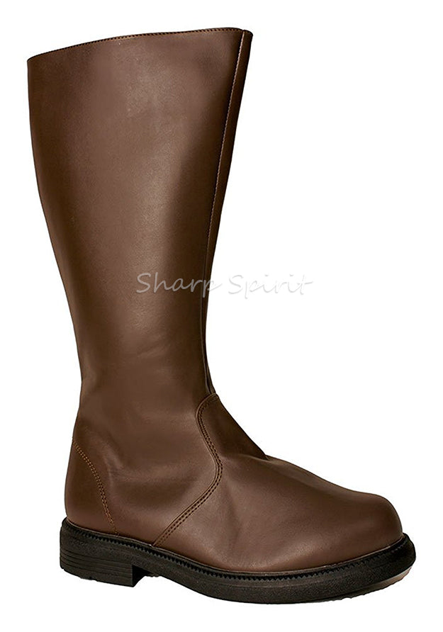 Brown faux leather knee-high captain boots for pirate or renaissance cosplay costumes with classic adventure style