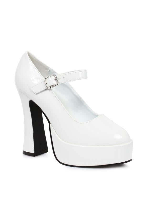 white and black chunky mary jane platform heels with 5 inch heel for mod or retro looks