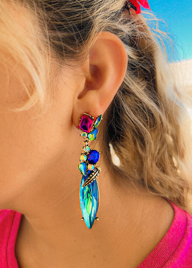 bohemian rhinestone drop earrings with rainbow crystals sparkling colorful festival accessory
