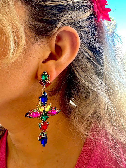 vibrant multicolor crystal cross rhinestone earrings with artistic boho statement style