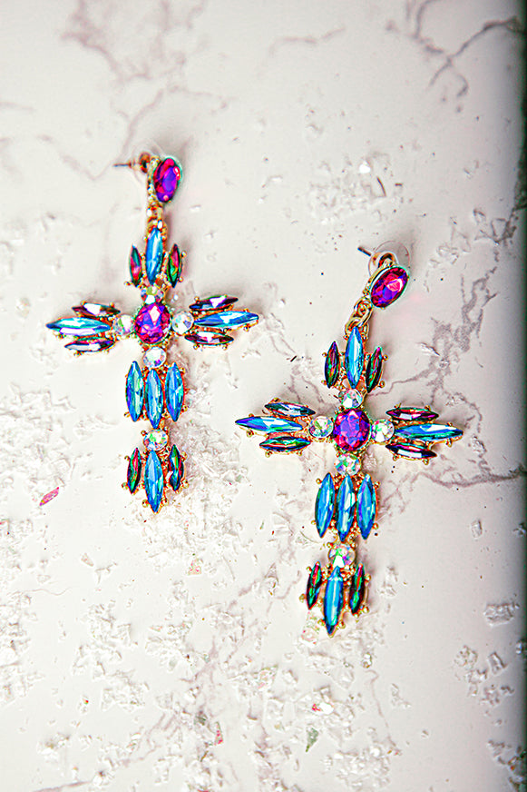 colorful rhinestone cross earrings dangle statement design bold multicolor fashion jewelry