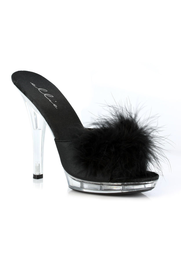 fluffy feather heels with clear base for burlesque or hollywood starlet costume