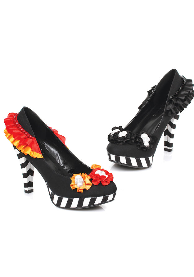 black striped pumps with flower skull decor and 4 inch heel for witch or villain costume