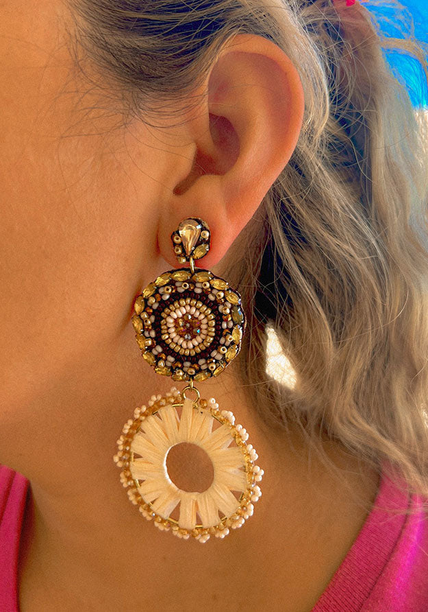 bohemian flower disc earrings with earth tone beads handcrafted for natural feminine style and vintage vibe