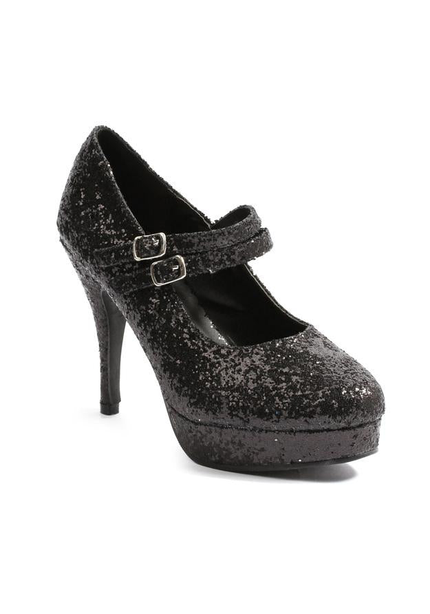 black glitter mary jane heels with double straps and 4 inch heel for burlesque or vintage outfits