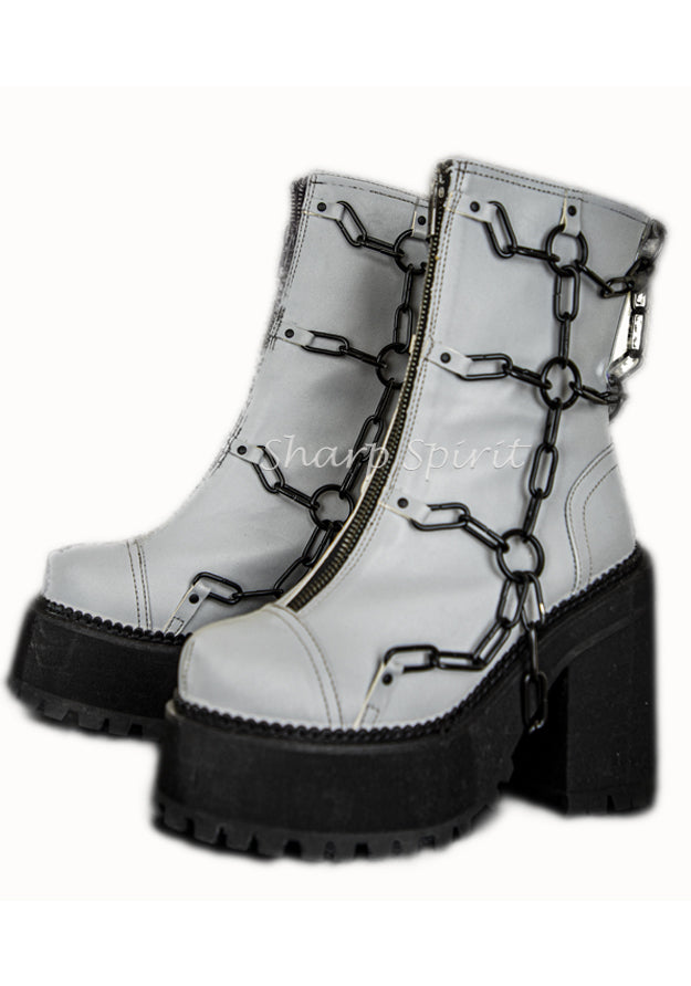 Grey reflective women’s platform boots with chain details futuristic cyber rave festival footwear