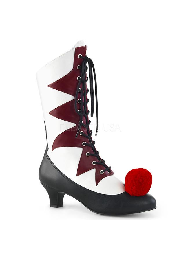 red and white harlequin lace-up costume boots with pom-pom toe and mid heel for circus cosplay or stage performance