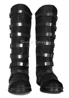 Black steampunk strapped men’s combat boots with metal buckles perfect for Halloween or fantasy cosplay events