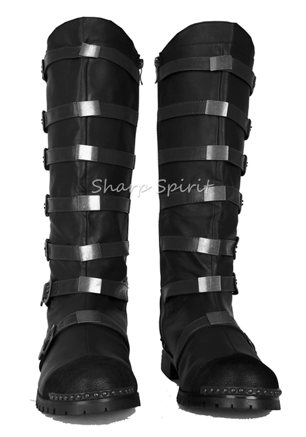 Black steampunk strapped men’s combat boots with metal buckles perfect for Halloween or fantasy cosplay events