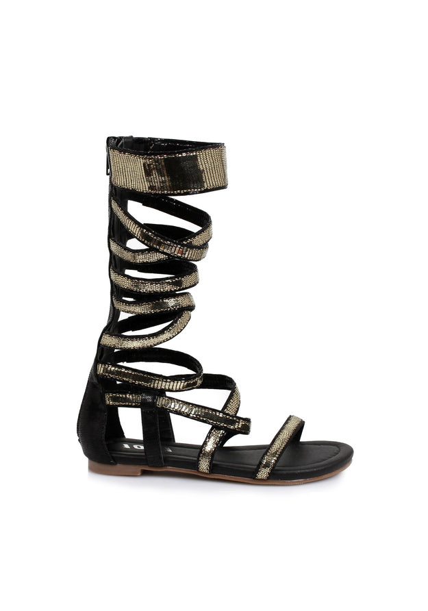 medusa black and gold metallic gladiator flat sandals with multiple straps