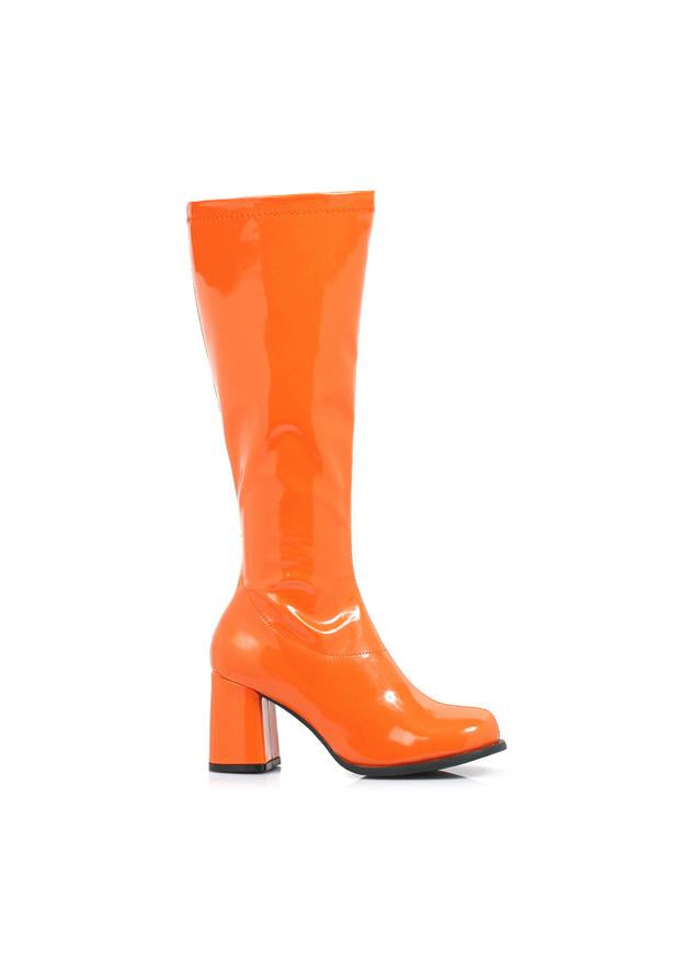 bright orange go go boots with zipper and 3 inch heel for retro 60s fashion and costume style